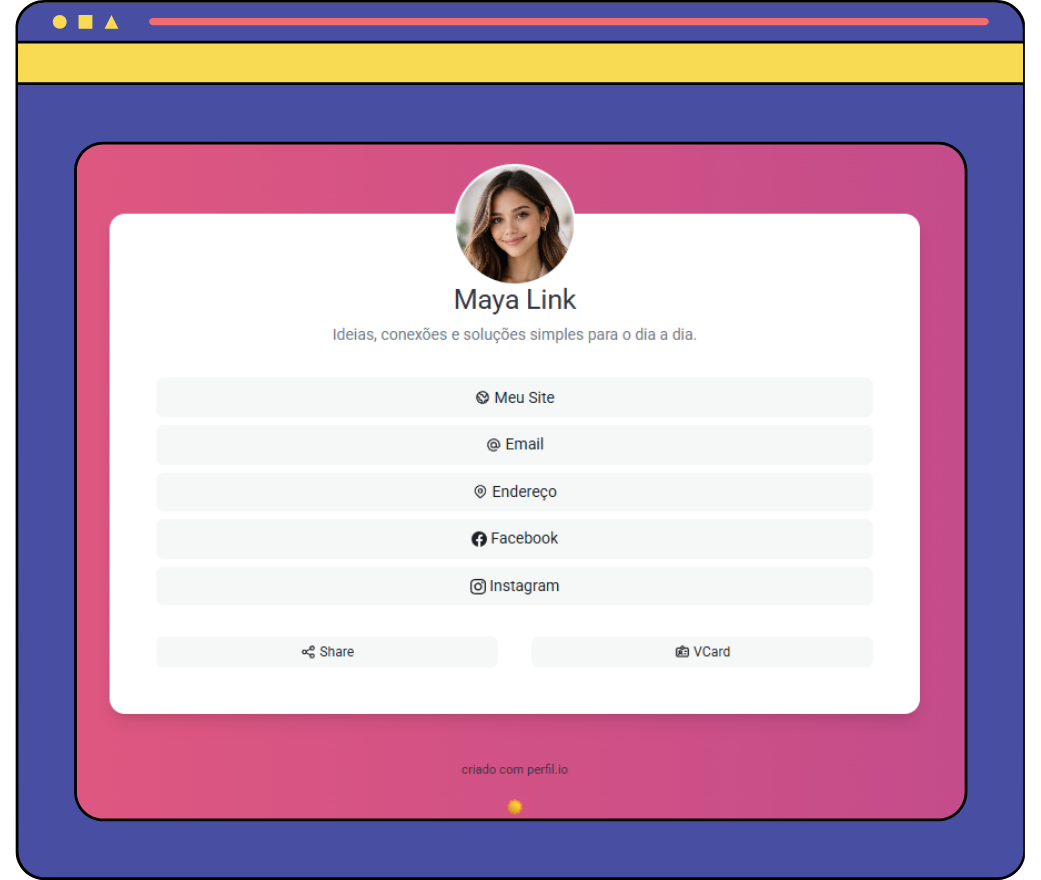 Captura de tela de exemplos de páginas vcard