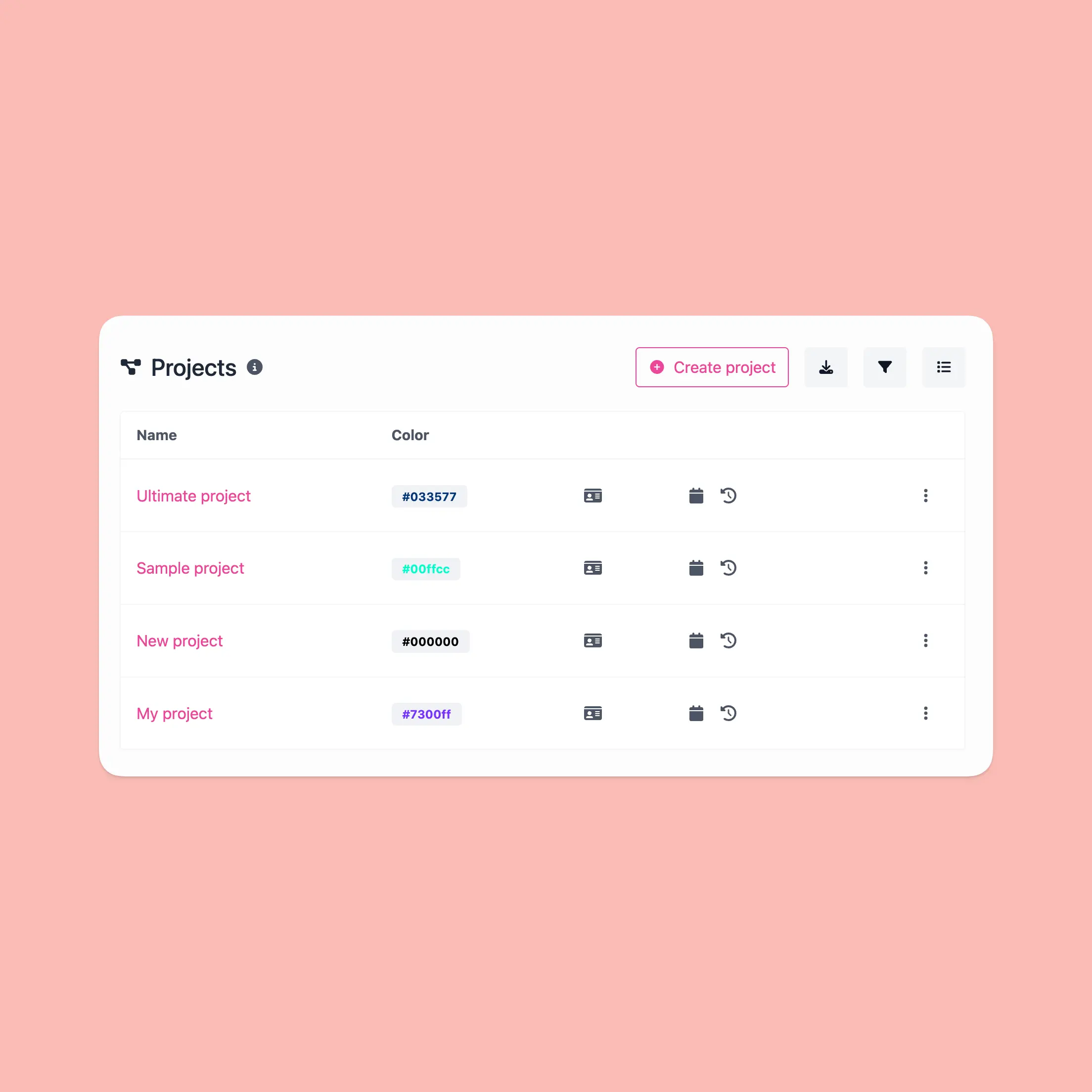 Captura de tela do recurso do sistema de projetos do aplicativo