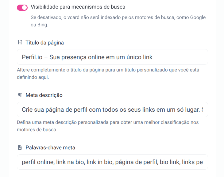 Captura de tela da página de configurações de SEO do aplicativo vcard